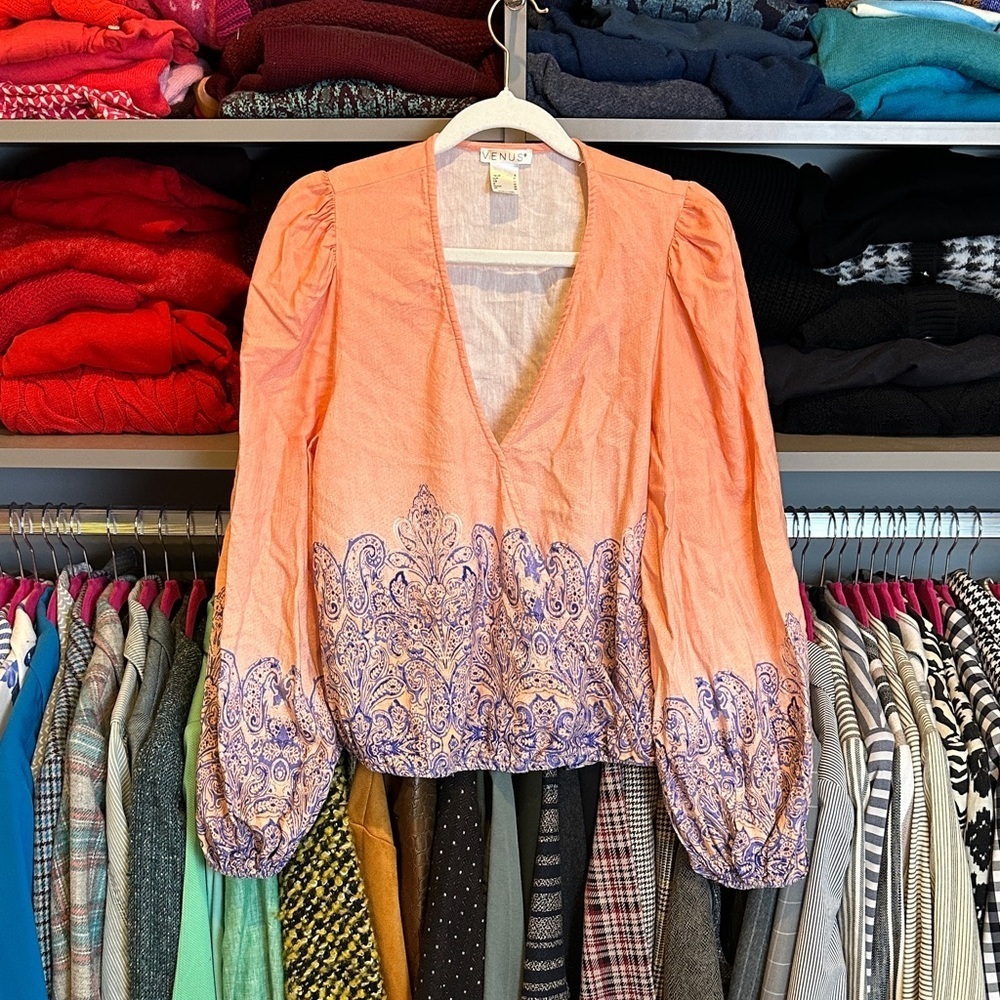 Venus coral/blue print cotton/viscose long balloon sleeve v neck top size 8
